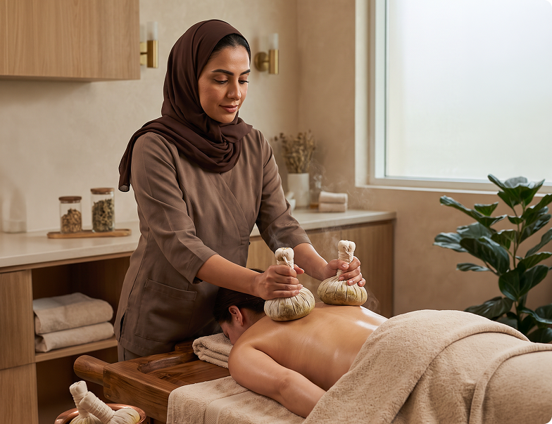 Warm herbal potli bundles applied during Kizhi therapy