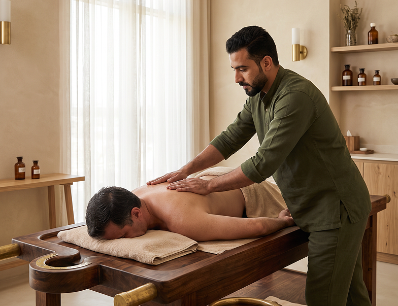 Therapist performing Abhyanga full-body oil massage
