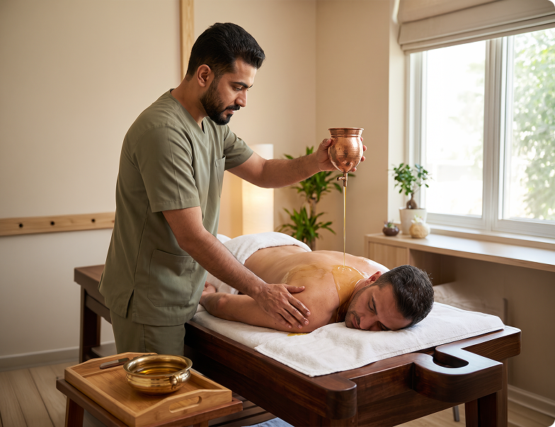 Therapist preparing warm oil beside a treatment table