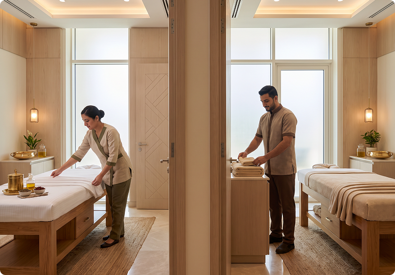 Staff preparing two clean private treatment rooms