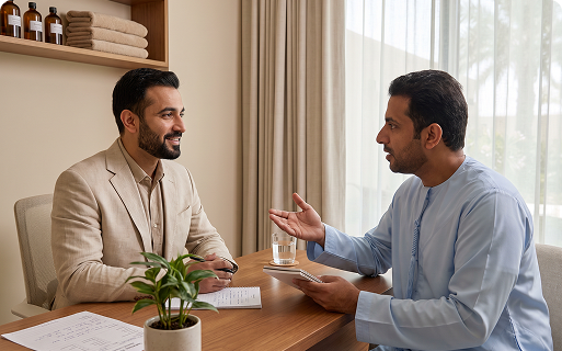 Two men talking calmly about stress and wellness