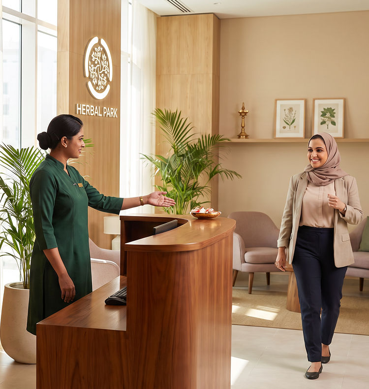 Reception team welcoming a patient at the clinic front desk
